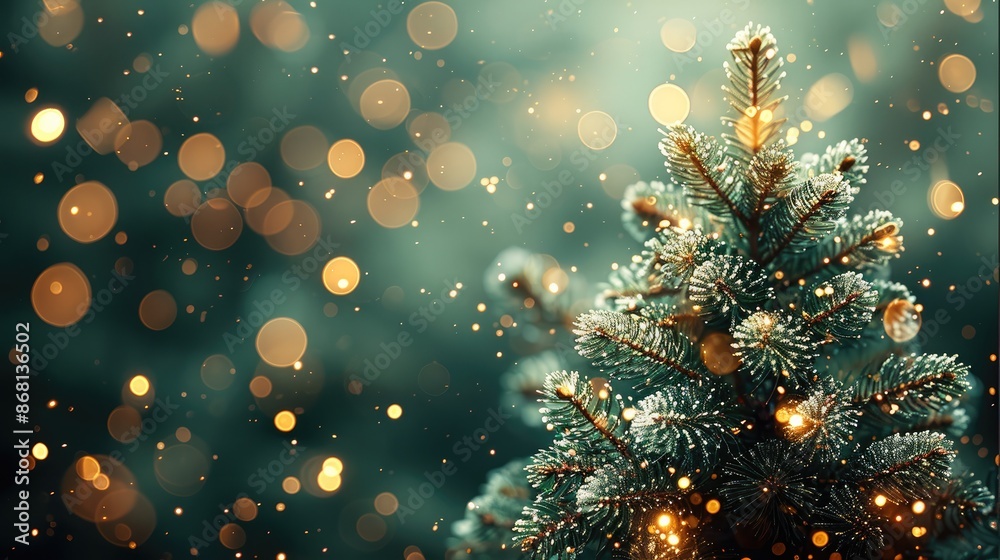 Aufkleber green canvas background with xmas tree and sparkle bokeh lights. greetings for the holiday season. t