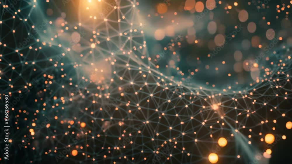 Poster abstract digital ecosystem with interconnected dots symbolizing data flow and communication, depict 