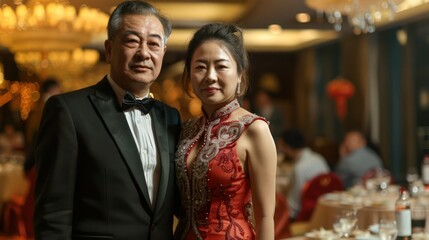 Obraz premium Chinese rich couple dressed in formal attire, men's black suit, woman's evening dress, standing at a fancy banquet venue in the evening.