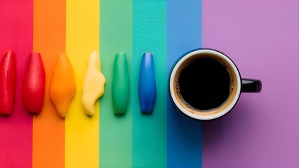 Coffee Cup on Rainbow Background, top view, mood