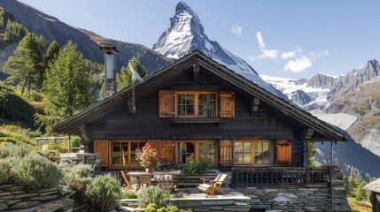mountain chalet with dark wood Bahama shutters, offering a rustic charm to the alpine setting