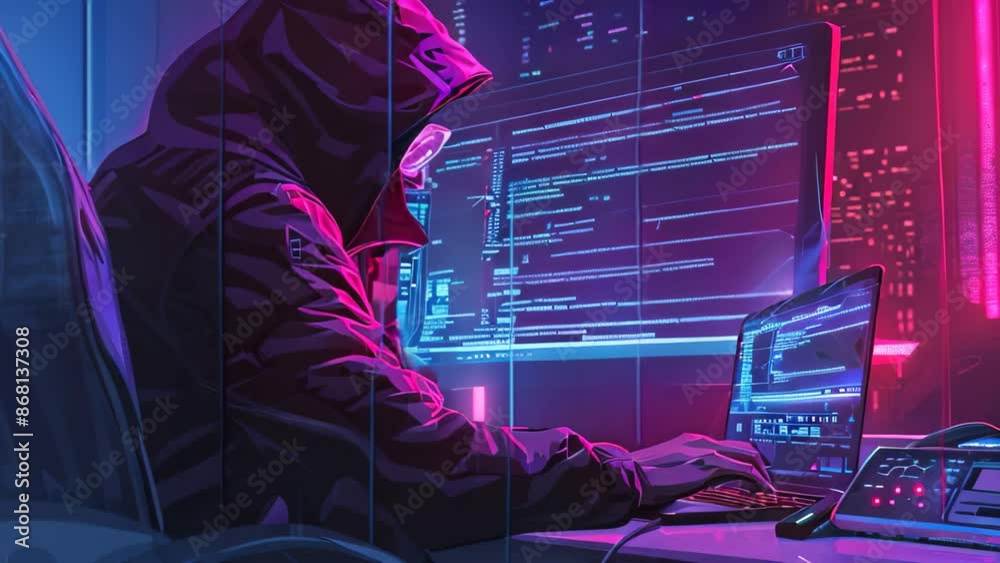 Poster a man wearing a hoodie is intensely focused on working on a computer, depict a hacker attempting to 