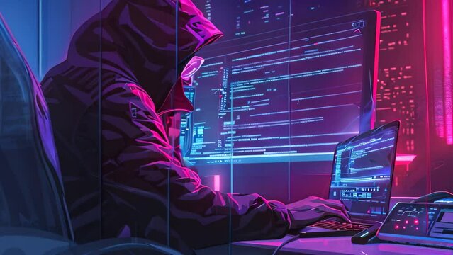 A man wearing a hoodie is intensely focused on working on a computer, Depict a hacker attempting to breach a secure server with advanced cyber tools