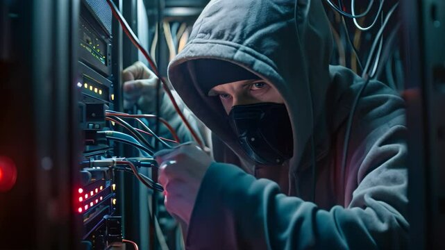 A man wearing a hoodie is busy working in a server room, surrounded by technology and servers, Depict a hacker attempting to breach a secure server with advanced cyber tools