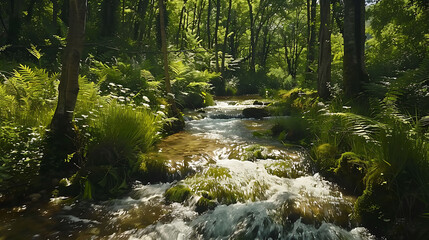 Fototapeta premium A refreshing summer scene of a crystal-clear stream flowing through a lush forest, captured in HD