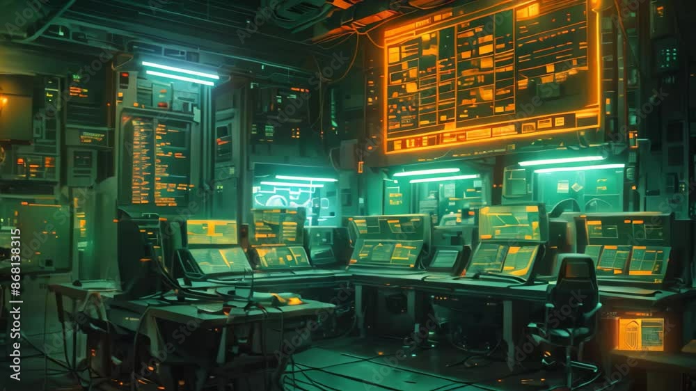 Poster a futuristic office space equipped with computers and monitors for advanced operations and security,