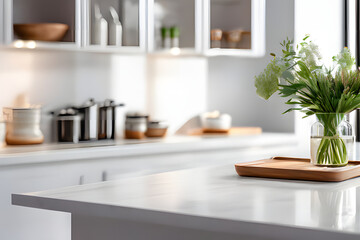 white table for display or product showcase with blurry modern kitchen background scene