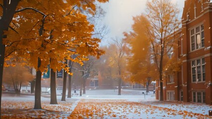 A campus covered in snow during the fall season, Depict the changing seasons on campus