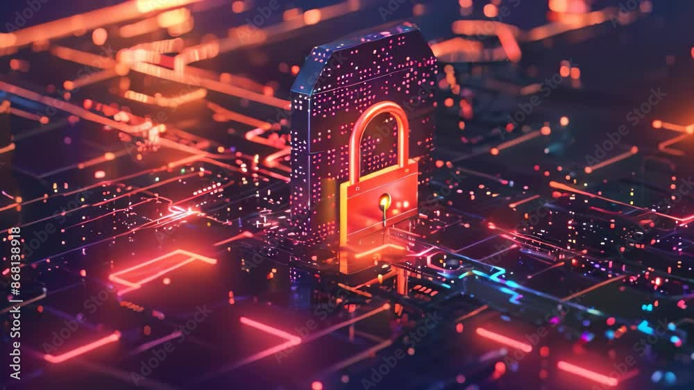 Poster a close-up view of a padlock locked on a circuit board, symbolizing data encryption and security mea