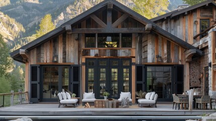 mountain lodge with charcoal black Bahama shutters, standing out against the rustic timber