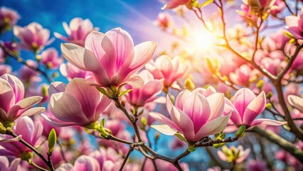 Pink magnolia flowers in full bloom on a sunny day , pink, magnolia, flowers, blossom, spring, petals, garden, floral, nature