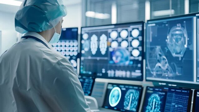 A woman in a lab coat is focused on multiple monitors displaying data, Depict the integration of technology within a healthcare network for improved patient care
