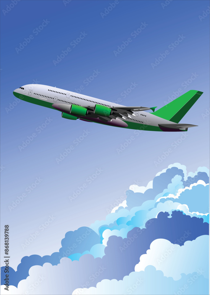 Wall mural big airplane flying above the clouds on blue sky