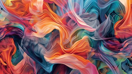 Obraz premium Dynamic abstract artwork, It features swirling, flowing forms in a rich palette of colors, primarily orange, blue, and purple, with hints of green and pink, The forms seem to dance and intertwine.