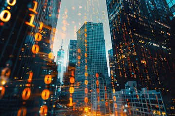 Abstract binary code hologram on New York skyscrapers. Database concept.