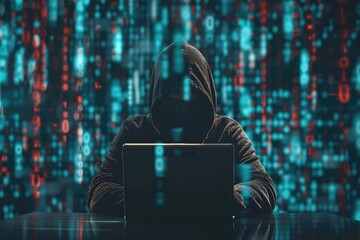Hacker working on laptop with binary code background.