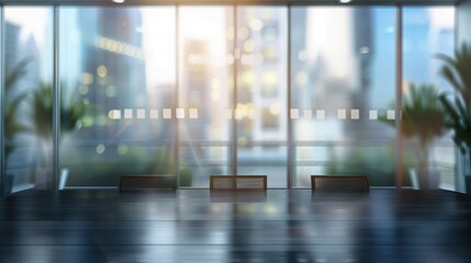 Modern Corporate Meeting Room with City View and Natural Light through Glass Windows.