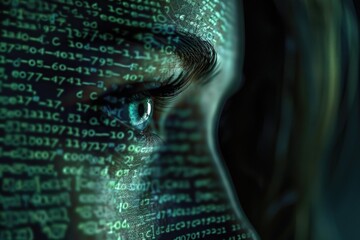 Artificial intelligence theme with female face and binary code.