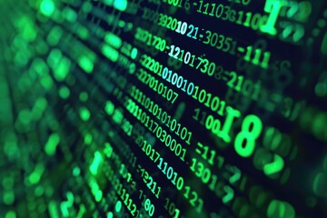 Green binary code on computer screen  hacker network security.