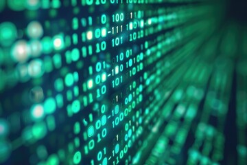Green binary code on computer screen  hacker network security.