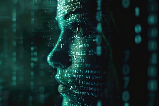 Artificial intelligence theme with female face and binary code.
