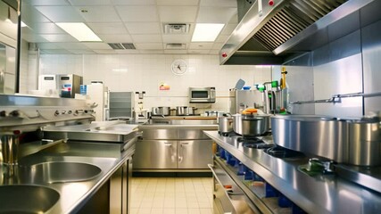 A spacious commercial kitchen filled with shiny stainless steel appliances for cooking and food preparation, Depicting the beauty of a well-maintained and hygienic kitchen environment