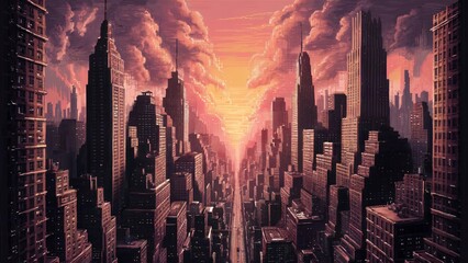 Obraz premium Orange and purple hues paint the sky as the sun dips below a city's urban skyline of skyscrapers