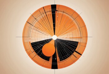 a modernist graphic focusing on a single large circular shape in sunset orange, surrounded by a network of black straight lines on a pale background