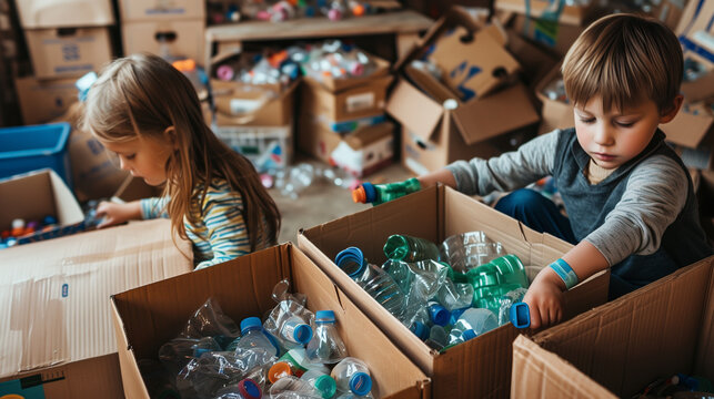 Kids sorting plastic by polymer type. Sustainble lifestyle concept. National recycling week. children sort plastic garbage into boxes at home for recycling. raising children to respect nature
