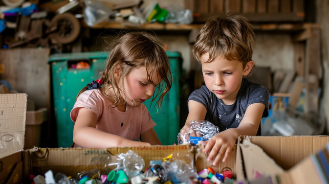 Kids sorting plastic by polymer type. Sustainble lifestyle concept. National recycling week. children sort plastic garbage into boxes at home for recycling. raising children to respect nature