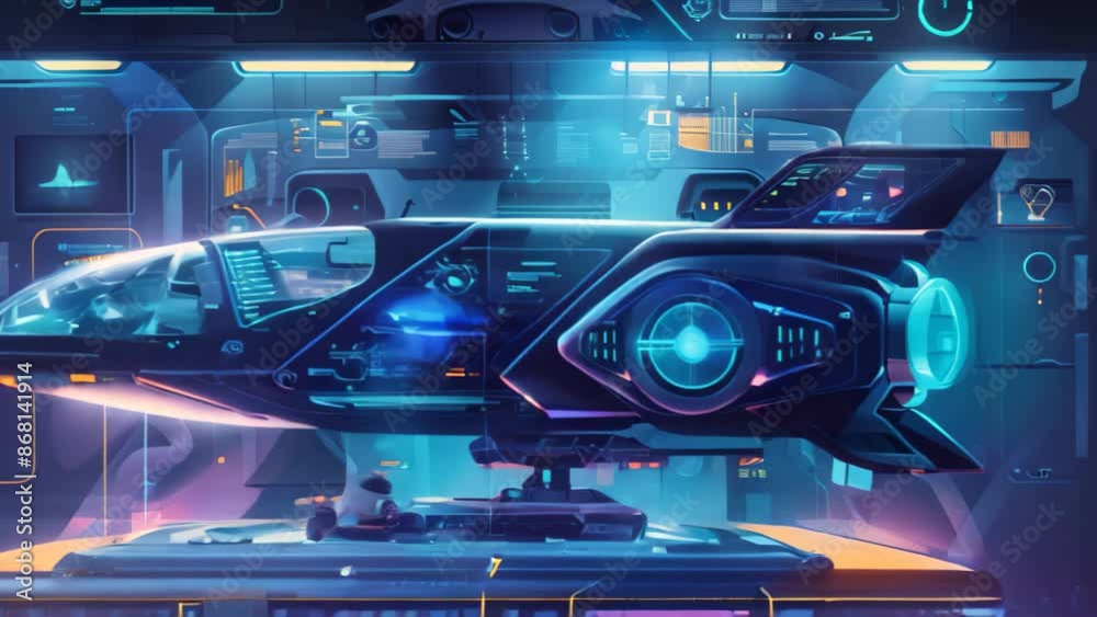 Poster a futuristic spaceship navigating through a high-tech environment, design a futuristic concept for a