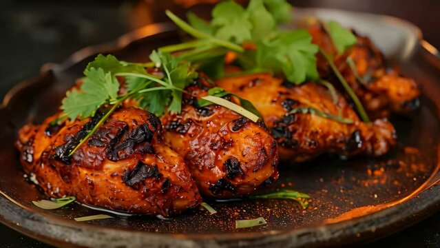 A plate holding grilled chicken, vibrant in color, set against a black background, Design a modern interpretation of a tandoori chicken dish with a geometric twist