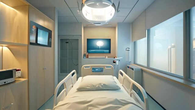 A hospital room featuring a bed and a monitor for patient monitoring, Design a room with virtual reality technology for patient entertainment and relaxation