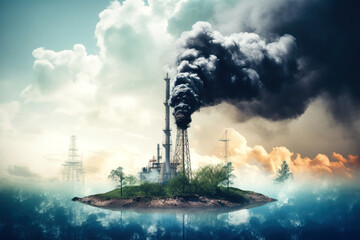 A lone island shrouded in smog, a factory spews black smoke into the sky, a stark reminder of the environmental impact of industrialization