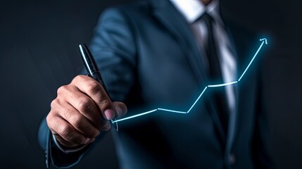 Businessman drawing upward trending line graph, representing success, growth and financial gain. Concept of business strategy, market analysis, investment and finance