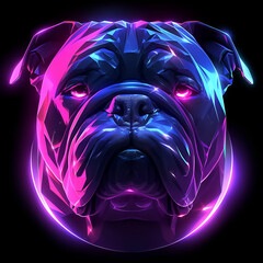 Artwork shows a neon bulldog in a portrait, with purple and blue geometric glow