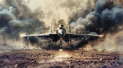 A fighter jet bursts through a cloud of dust and smoke on a desert runway, its engines roaring