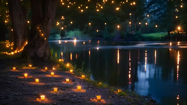 Candles Illuminating Riverbank at Night, Design an enchanting tableau with fairy lights forming intricate patterns along a tranquil riverbank