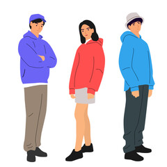 Set of two men and woman  stand, different colors, cartoon character, silhouettes standing  people, fashion hoodie; design concept of flat icon, hand draw vector illustration, isolated on white