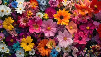 A vibrant assortment of colorful flowers in full bloom, featuring a variety of species and hues, creating a lively and cheerful display.