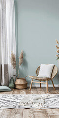 Minimalist living room interiors in turquoise color with minimal furniture and natural lighting.Interiors design composition concept image.
