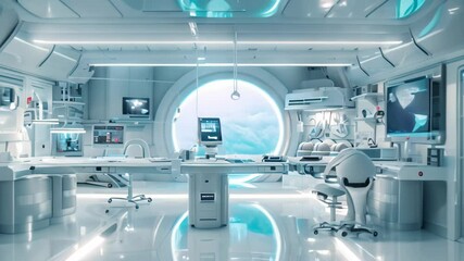 A glimpse into a modern medical room with cutting-edge technology and innovative design elements, Designing a futuristic classroom environment focused on STEM subjects