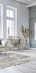 Obraz premium Minimalist living room interiors in turquoise color with minimal furniture and natural lighting.Interiors design composition concept image.