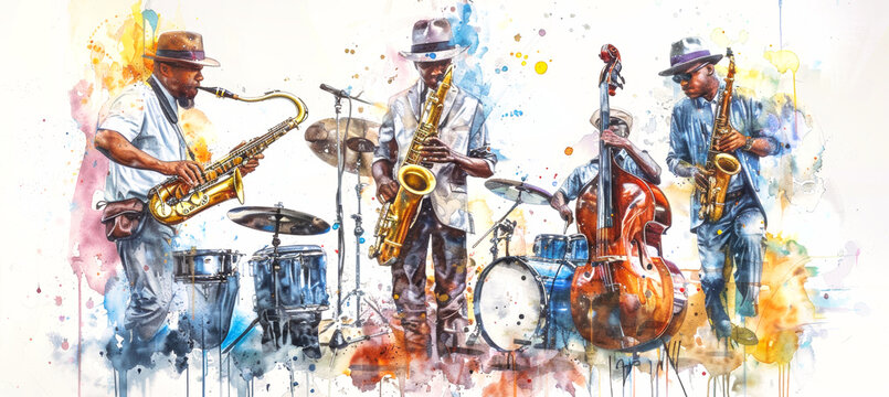 A watercolor painting showcasing four jazz musicians performing with energy and passion