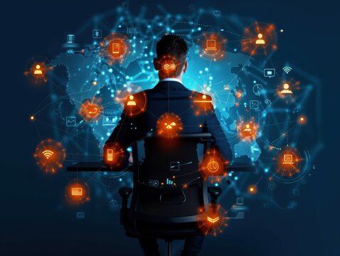 Businessman analyzing futuristic technology matrix with data and digital connections, representing global network and communication.