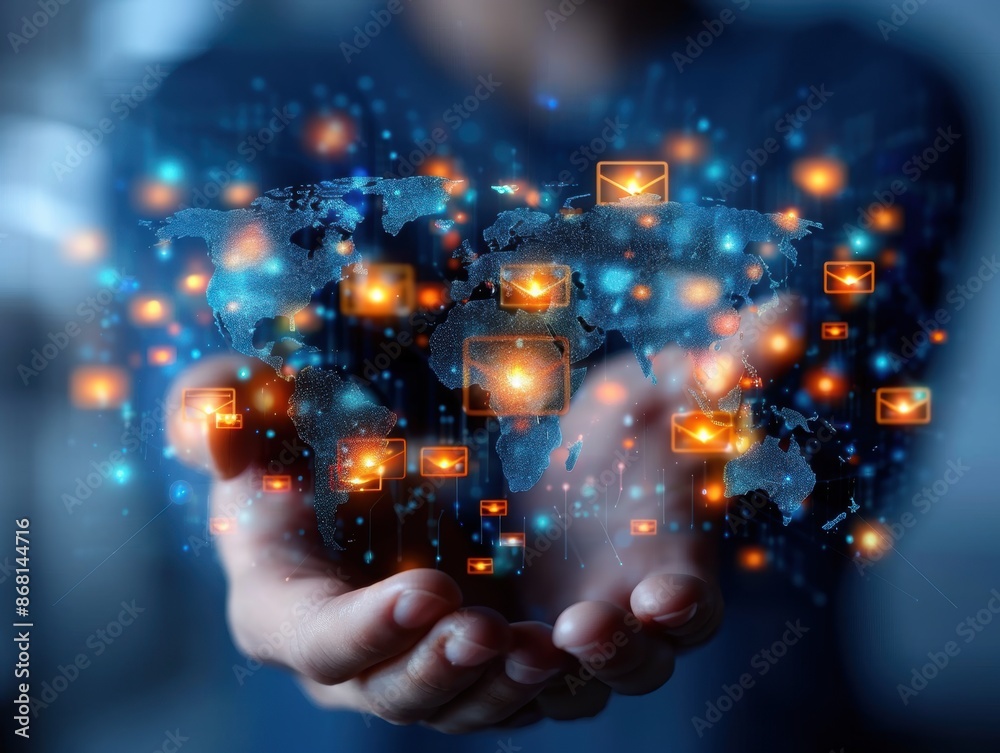 Poster conceptual image of digital communication: hands holding glowing icons and global network. abstract 