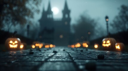 A spooky Halloween night with lit jack-o'-lanterns lining a cobblestone path leading to a ghostly castle under a full moon.