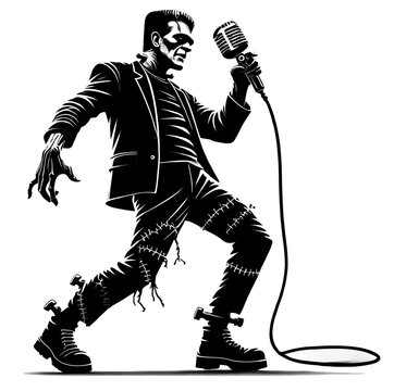 Frankenstein Dancing ans Singing with a Microphone Illustration on a White Background
