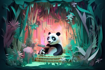 Illustration of panda with bamboo in colorful forest