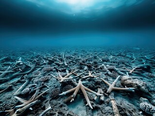 Fototapeta premium Dramatic underwater view of a dead coral reef with scattered starfish, illustrating the effects of ocean environmental changes.